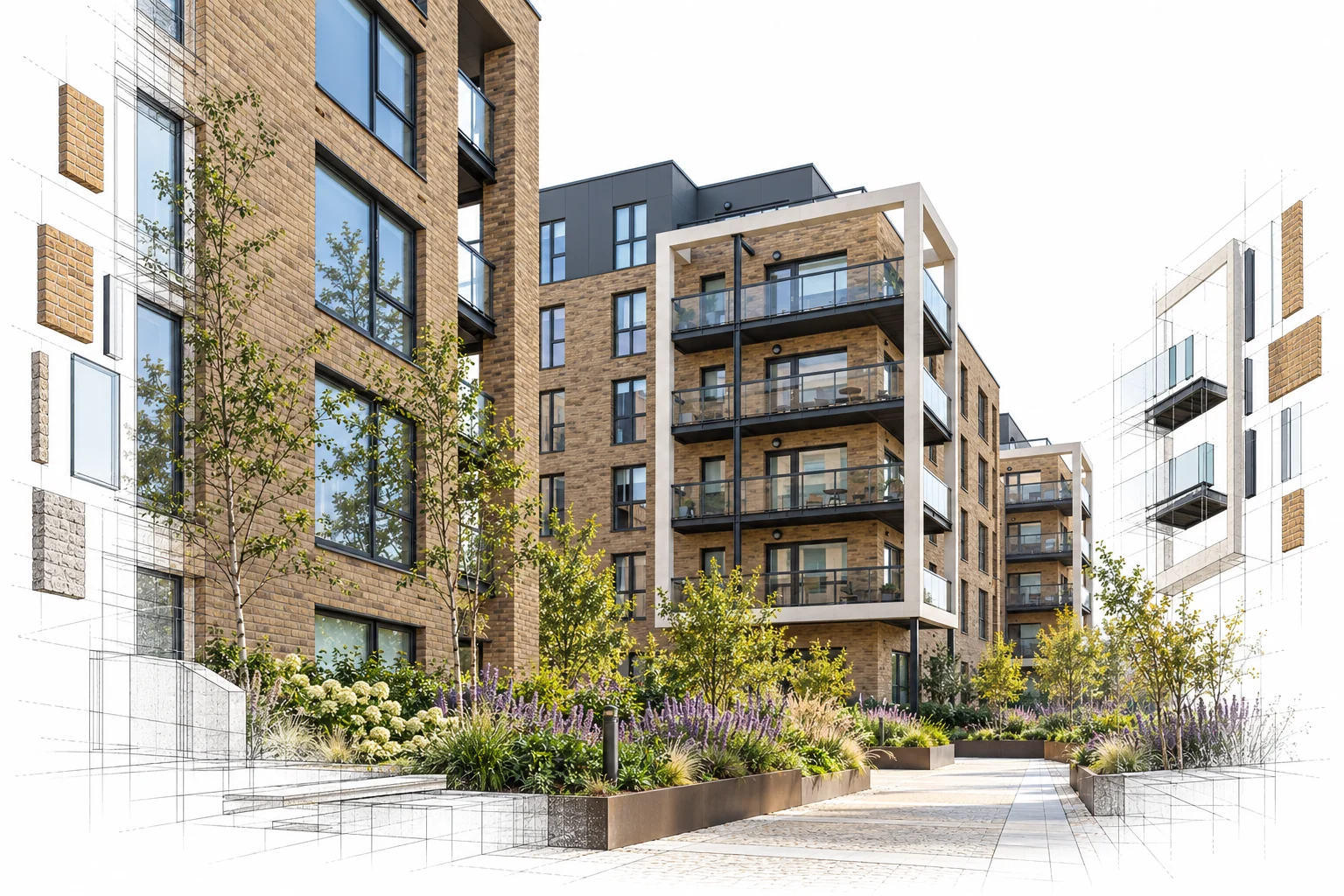 Illustrative study of a Citywest residential courtyard with a wireframe overlay